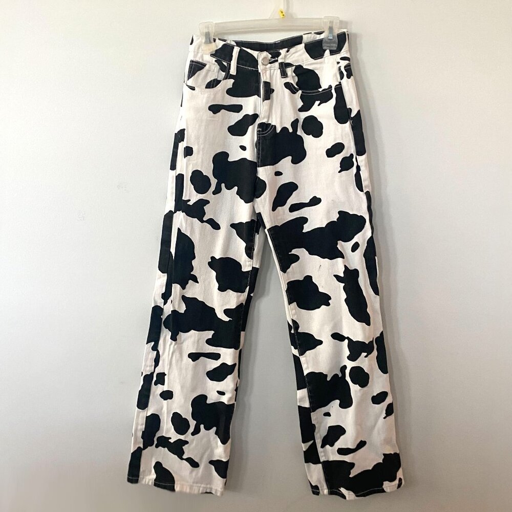 Cow Print Denim Wide Leg Jeans